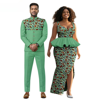 New African Print Men's Suit, Wax-dyed Couple Set, Women's Dress + Men's Suit  Women Clothing