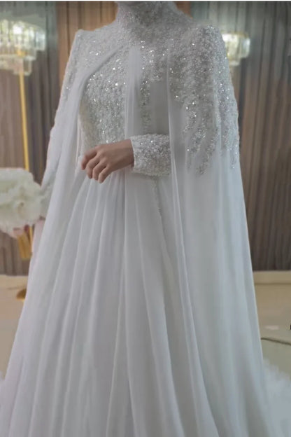 Muslim Long Sleeve Wedding Dress Elegant High Collar Beaded Chiffon A-line Bride Dress Arab Women's Wedding Dress Customized