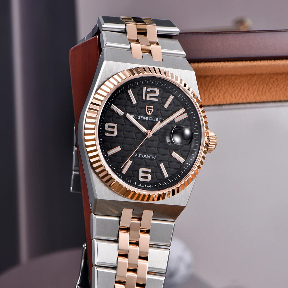 PAGANI DESIGN Business Men's Mechanical Automatic Watch Stainless Steel Waterproof Honeycomb Dial Luminous Gift Men's Watch+Box
