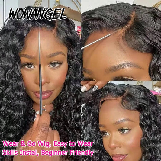 WOWANGEL Bye Bye Knots Water Wave Wigs With Drawstring 7x6 HD Lace Closure Wig 100% Human Hair Pre Plucked Curly Glueless Wigs