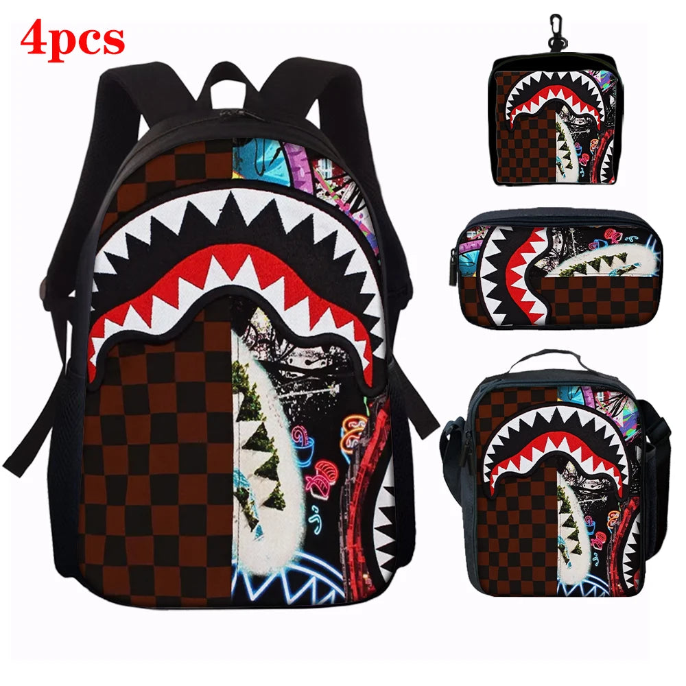 1/2/3/4/5PCS Trendy Shark Graphic Backpack Set | Perfect for School & Daily Adventures
