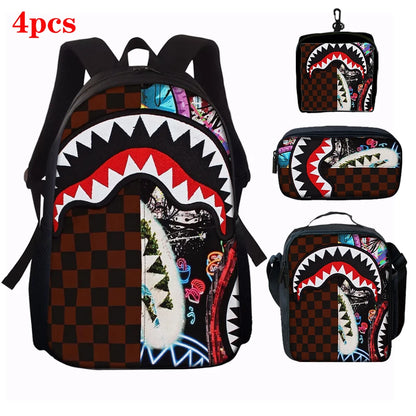 1/2/3/4/5PCS Trendy Shark Graphic Backpack Set | Perfect for School & Daily Adventures