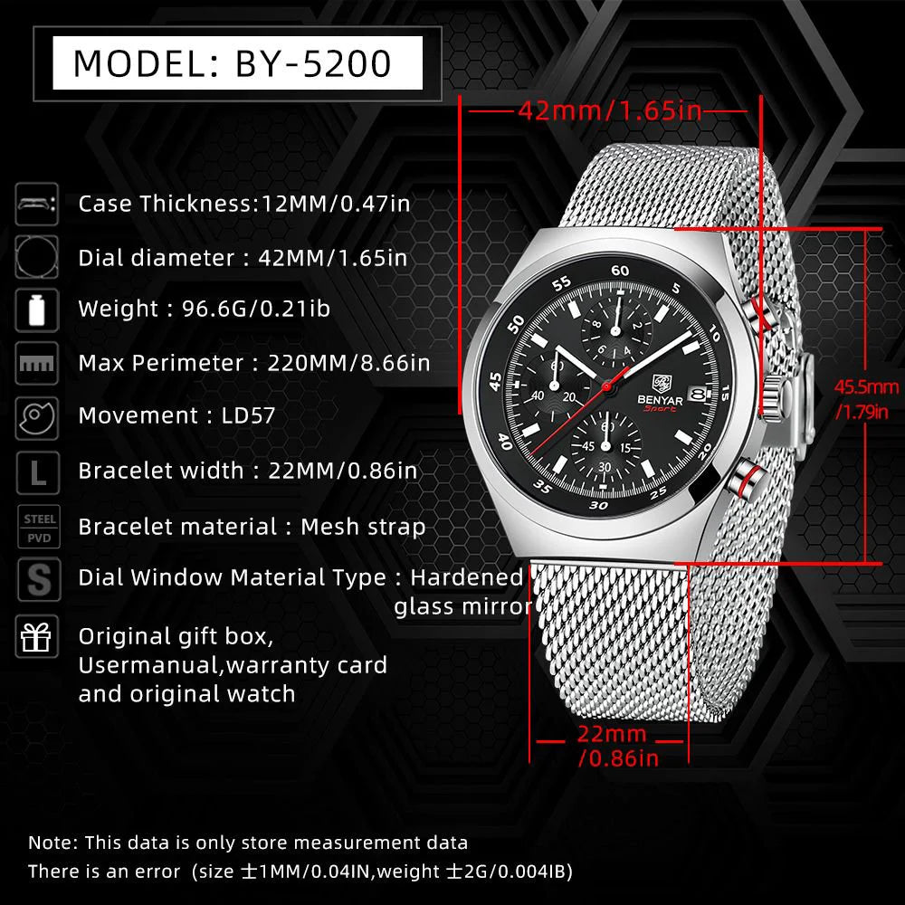 BENYAR Top Luxury Brand Men's Business Leisure Watch Mesh Band Quartz Timing Men's Watch 30 Meter Waterproof