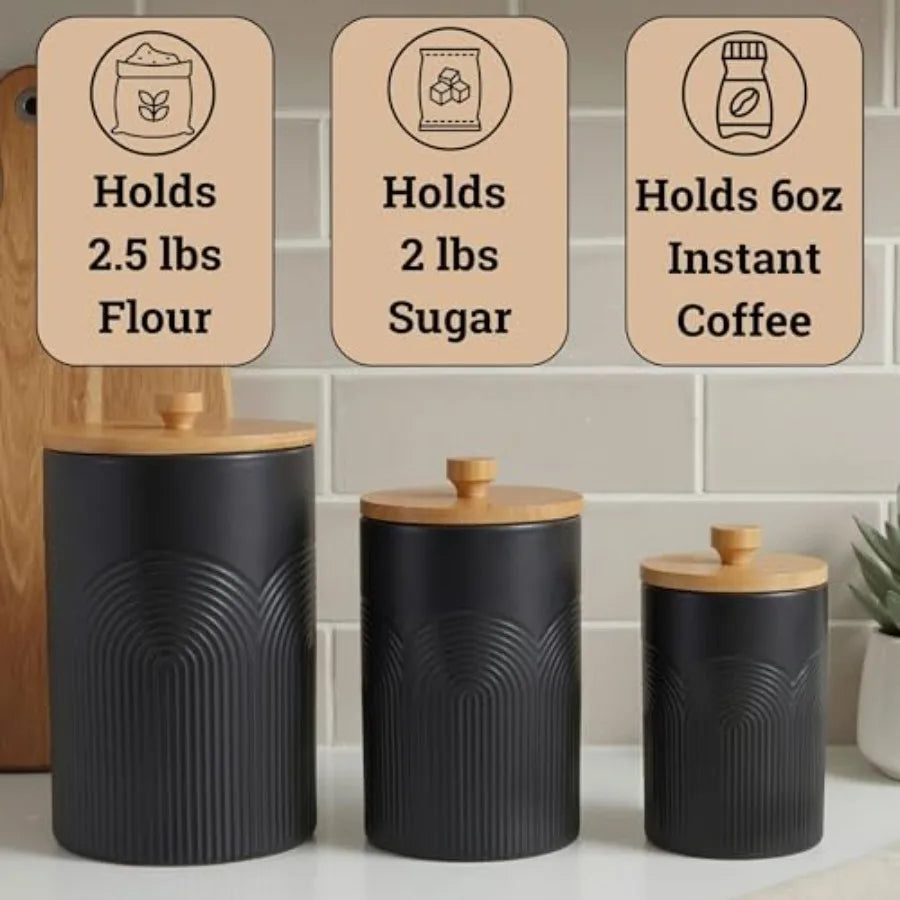 Ceramic Kitchen Canisters for Countertop Set of 3 with Airtight Bamboo Lids - Kitchen Canisters with Airtight Lids - Flour Suga