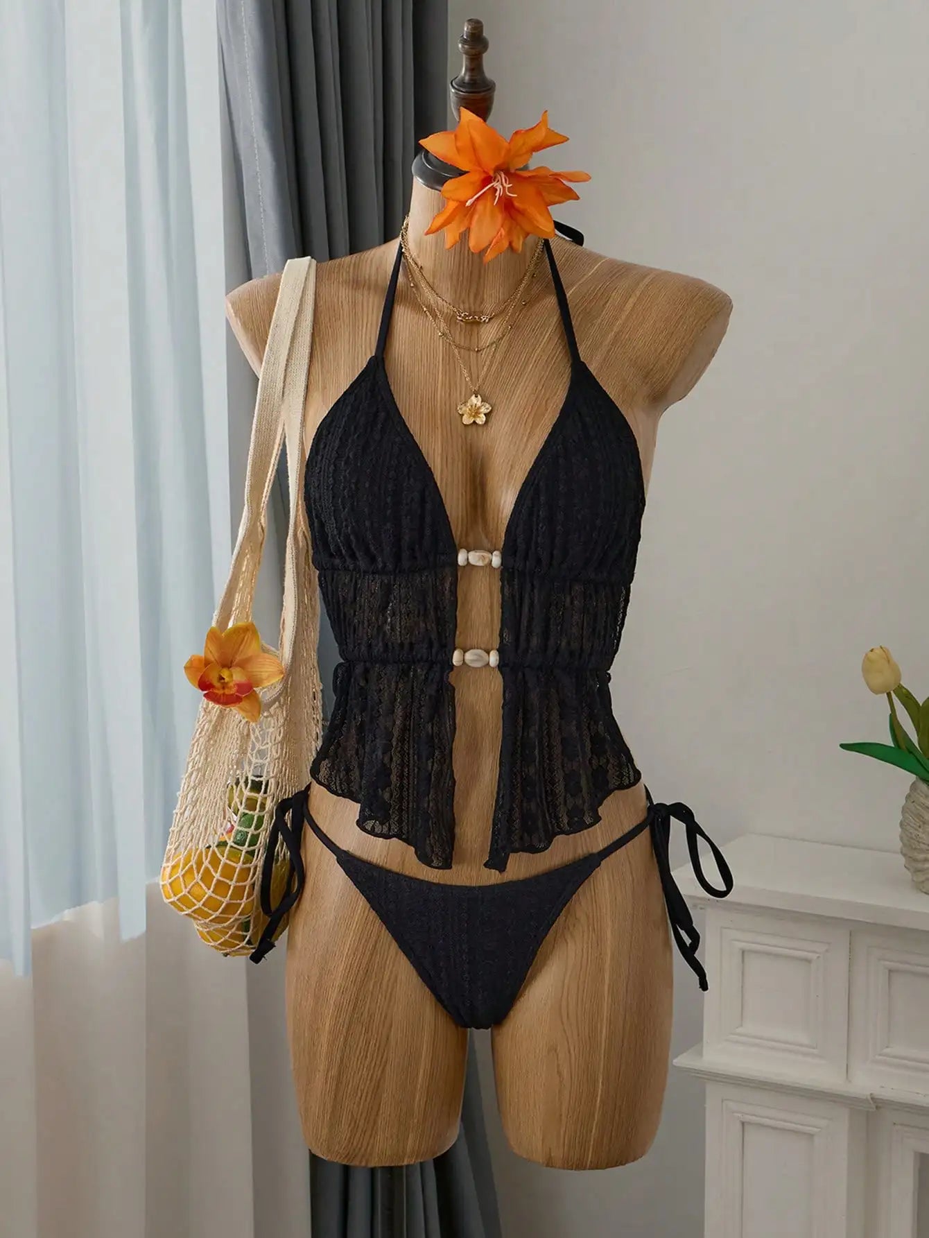 Cream Lace Halter Neck Tankini Set With Beaded Detail And Tie Side Bottoms