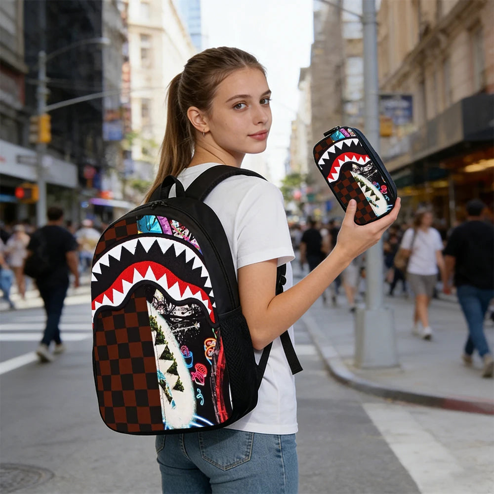 1/2/3/4/5PCS Trendy Shark Graphic Backpack Set | Perfect for School & Daily Adventures