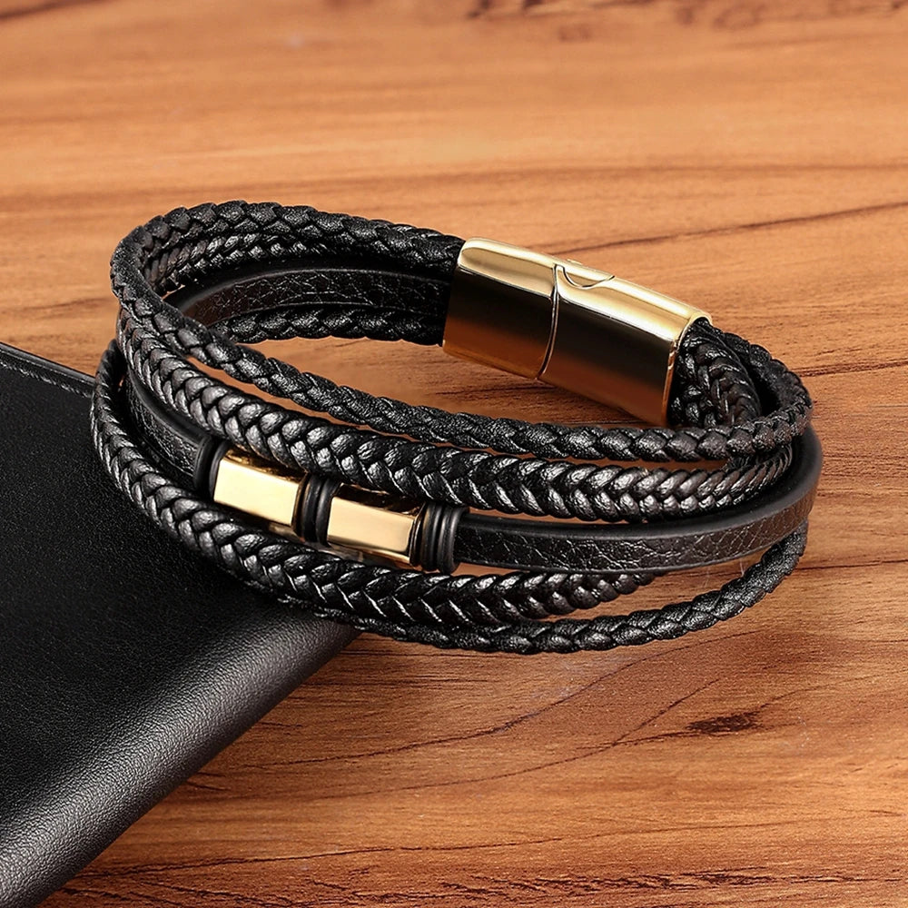 XQNI Luxury Vintage Multilayer Leather Men Bracelet Bead Bracelet Stainless Steel Charm Jewelry Male Wrist Bangle Birthday Gift