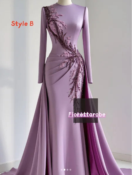 Florettarobe Exquisite Purple Satin Sequined Appliques Pleat  High Collar Long Midi Dress Bespoke Occasion 4 styles Customized