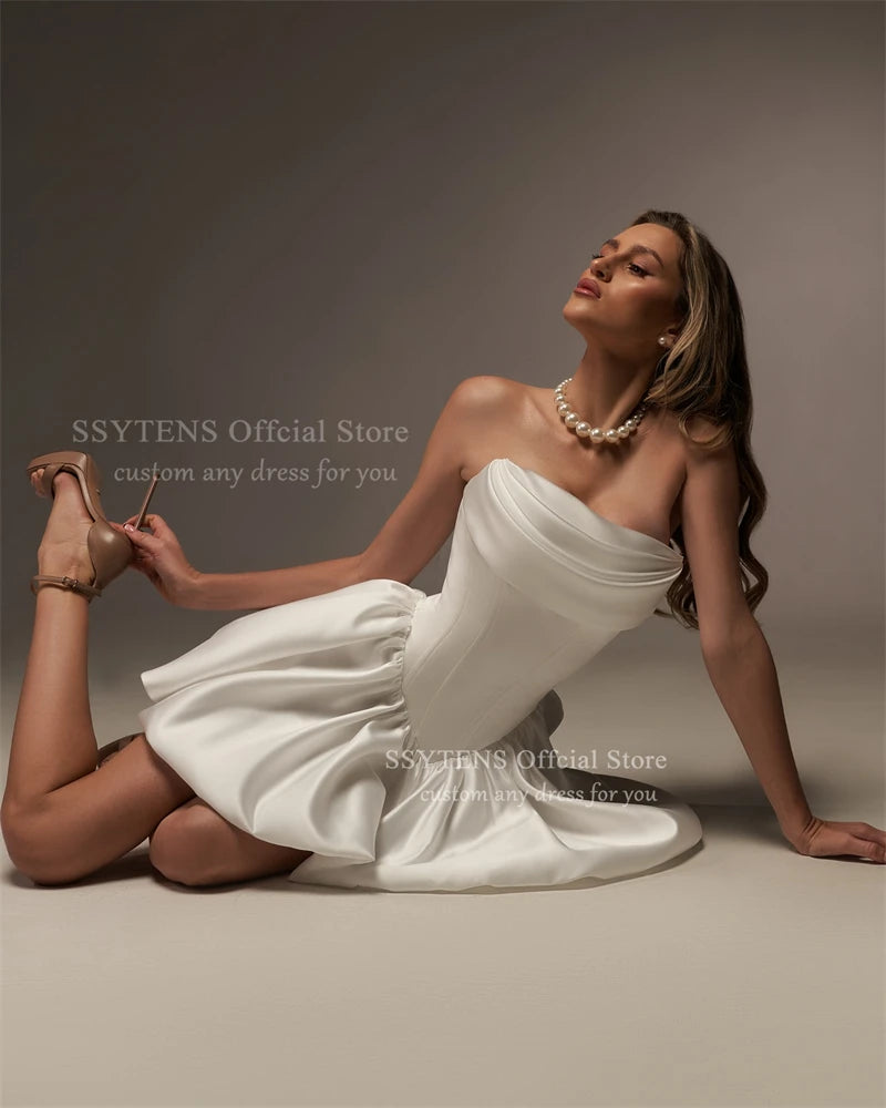 SSYTENS Vintage Satin Wedding Party Dresses Strapless Short A Line Ivory Lace Up Back Vestidos Para Mujer Bridal Gown Customized