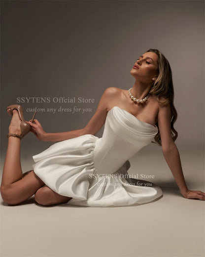 SSYTENS Vintage Satin Wedding Party Dresses Strapless Short A Line Ivory Lace Up Back Vestidos Para Mujer Bridal Gown Customized