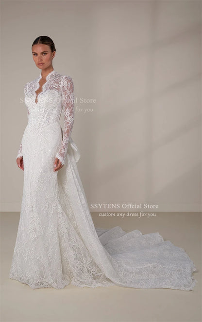 SSYTENS Luxury Lace Wedding Dresses Long Sleeves V Neck Bride Dress Detachable Bow Train Sheath Mermaid Bridal Gowns Customised