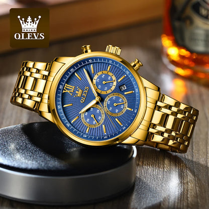 OLEVS Gold Blue Men's Watches Date Chronograph Small Dial Exclusive Design Luxury Business Waterproof Stainless steel Wristwatch