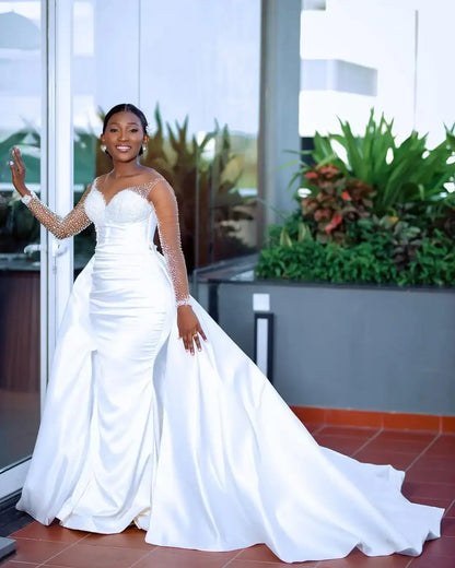 African White Mermaid Wedding Dress Sexy Transparent Illusion Long Sleeve Bridal Dress Beaded Pleat Detachable Tail Customized