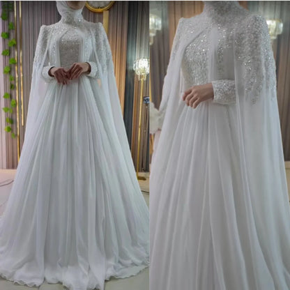 Muslim Long Sleeve Wedding Dress Elegant High Collar Beaded Chiffon A-line Bride Dress Arab Women's Wedding Dress Customized