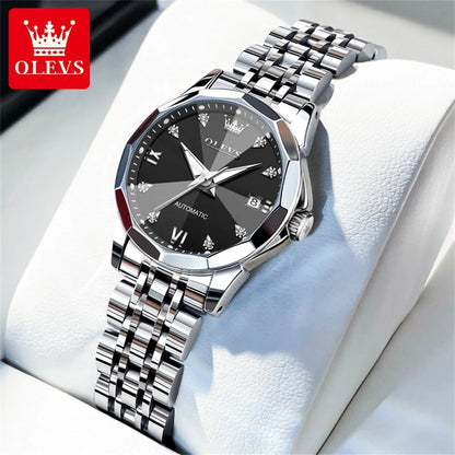 OLEVS Women's Watches Trend Elegant Sparkling Shining Diamond Scale Original Automatic Mechanical Wristwatch for Lady Waterproof