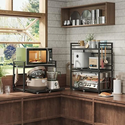 Expandable Microwave Stand, Metal Kitchen Countertop Organizer Shelves with 8 Hooks, Bakers Rack, Pull-Out Microwave Shelf, 55l