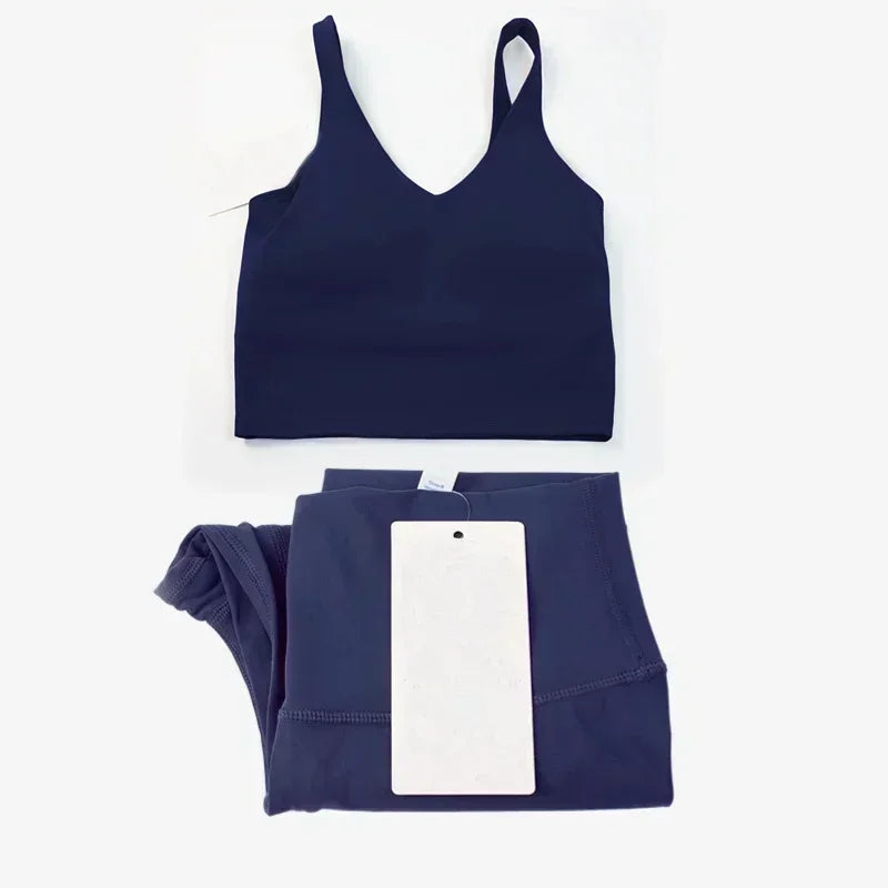 Classic women's 2-piece yoga outfit: U-shaped camisole top & high-waisted nude-feel leggings, suitable for fitness and workout.