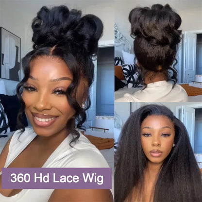 250 Density Black Yaki Straight Human Hair Wigs 13x6 HD Lace Frontal Kinky Straight Wig 7×5 Glueless Brazilian 360 Full Lace