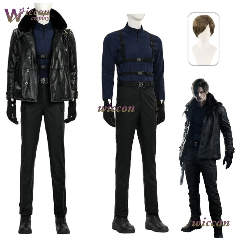 Kosplay Requiem Resident Cos Evil Leon·S·kennedy Cosplay Leon Cosplay Costume Pu Coat Full Set Party Uniform Hallowen Play Role