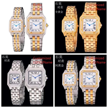 Stylish Panthere Inspired Couple Watch Precise Quartz Movement Elegant Yellow Gold Diamond Bezel Wear Resistant Silver Stainless