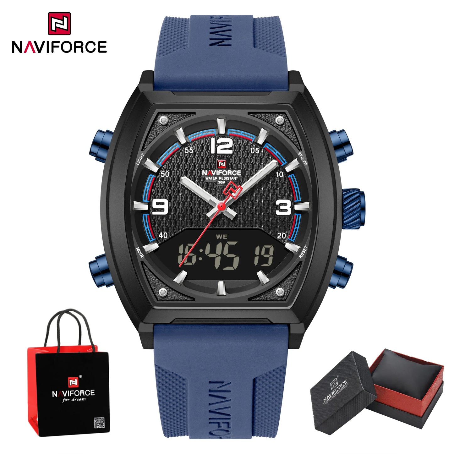 NAVIFORCE Men Dual Display Watch 3ATM Waterproof Luminous Silicone Strap Sport Casual Wristwatch Gifts box