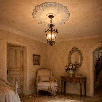 Round PU Ceiling Medallion Scroll Decorative Ceiling Medallion Light Plate Lightweight Trim Collar Easy to Install