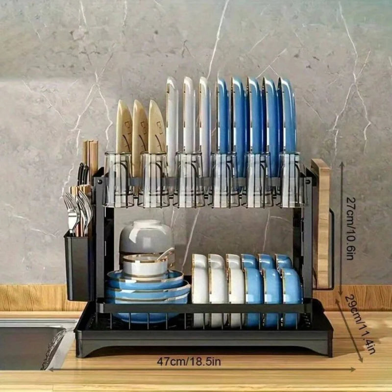Rustproof Stainless Steel Dish Drying Rack, 2-Tier Large Dish Rack For Kitchen Countertops,With Utensil Holder