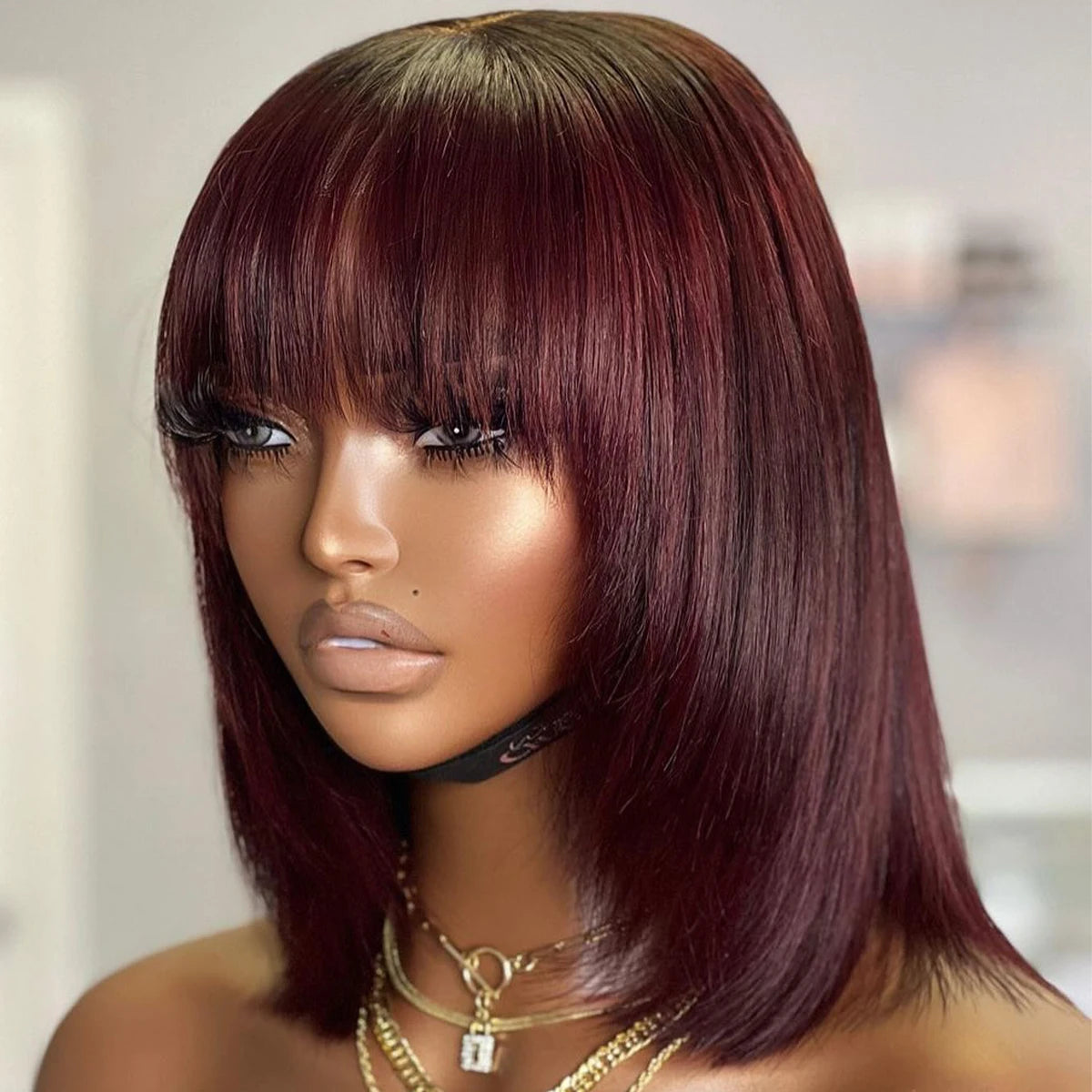 Short Bob Wig Layered with Bangs Straight Human Hair Bob with Bangs 400 Density Wig Human Hair Straight 99j Bob Wig For Women