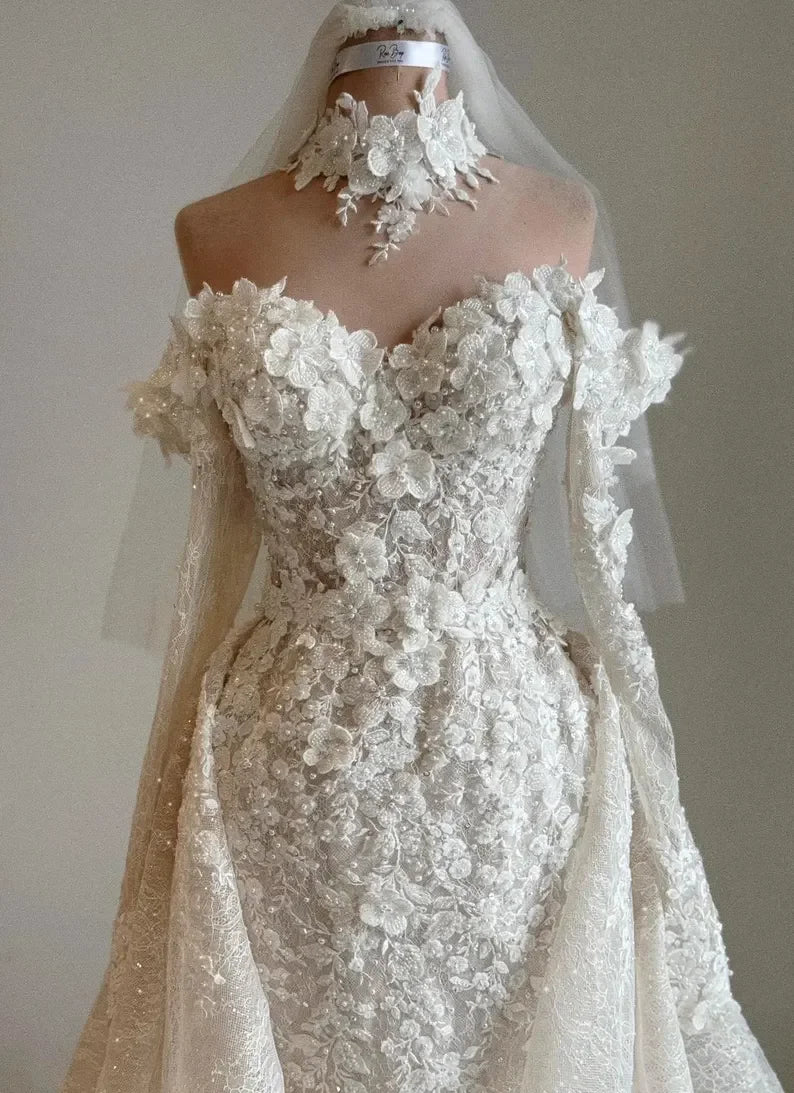 New Luxury Detachable Wedding Dress Off Shoulder 3D Floral Lace Beaded Mermaid Bridal Gown For Bride Formal Party Customize