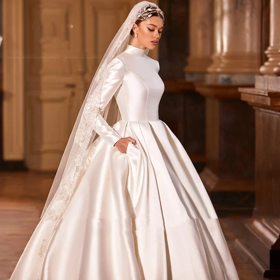 Elegant Satin High Collar Wedding Dress Long Sleeve Party Evening Dress A-line Floor length Skirt Customized Wedding Dress