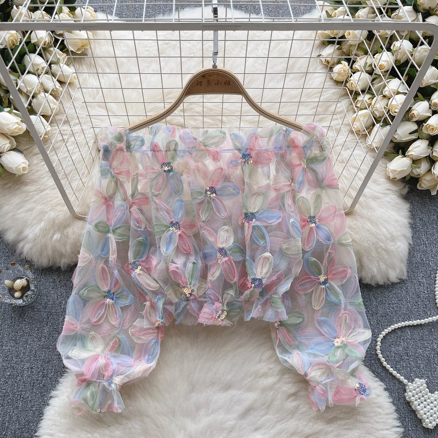 Women's Sheer Tulle Blouse with 3D Floral Appliques Long Puff Sleeves, Sequin Embellished, Transparent Mesh Top