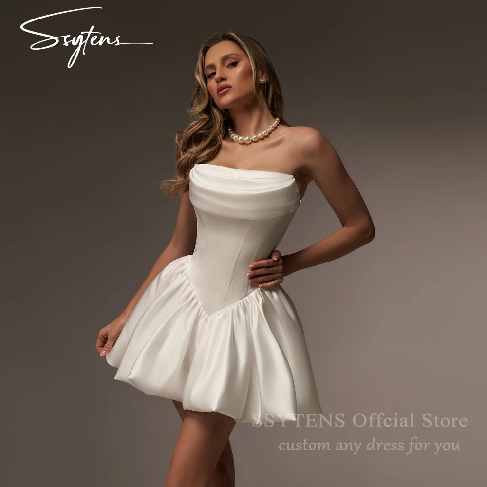 SSYTENS Vintage Satin Wedding Party Dresses Strapless Short A Line Ivory Lace Up Back Vestidos Para Mujer Bridal Gown Customized