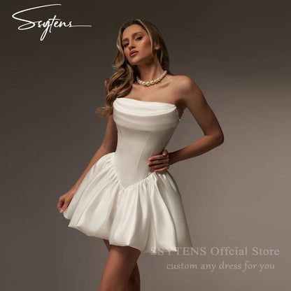SSYTENS Vintage Satin Wedding Party Dresses Strapless Short A Line Ivory Lace Up Back Vestidos Para Mujer Bridal Gown Customized