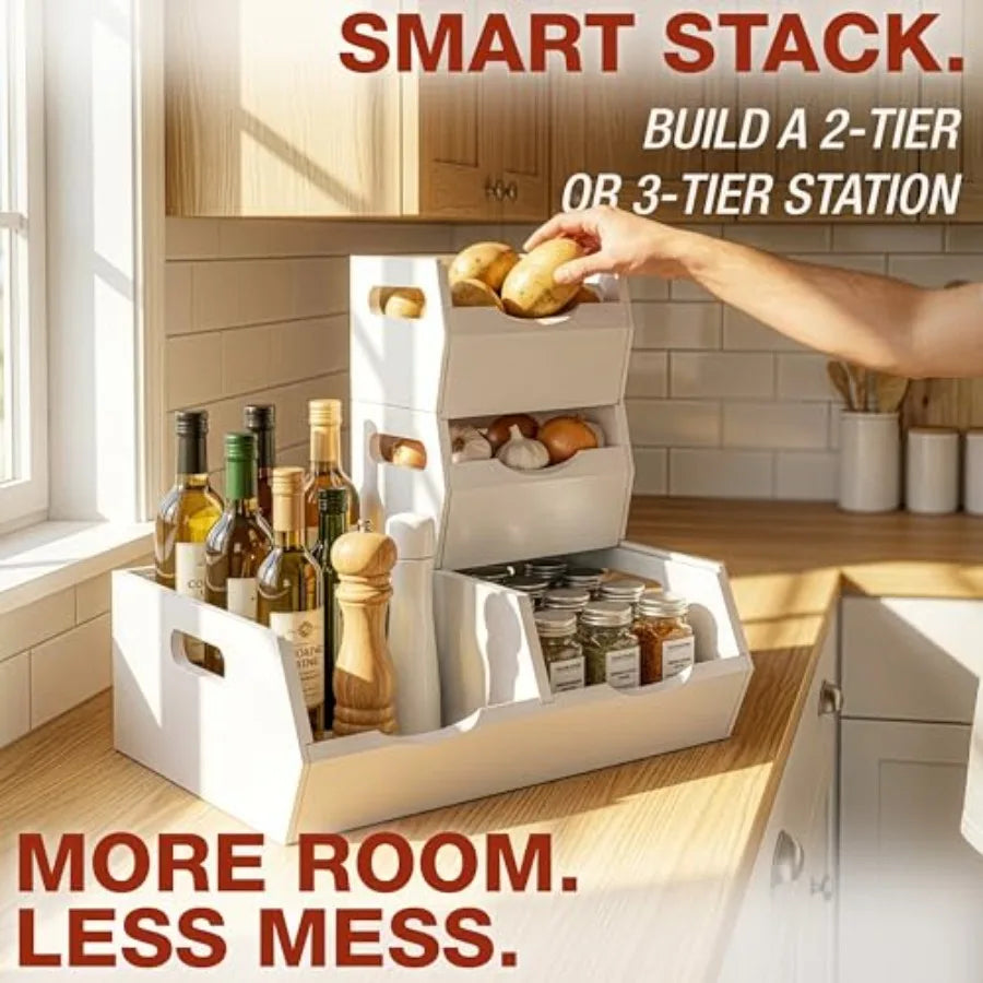 Stackable Solid Wood Storage Bins for Kitchen Pantry and Countertop, Ventilated Potato and Onion Basket Organizer with Handles,