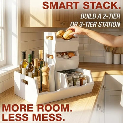Stackable Solid Wood Storage Bins for Kitchen Pantry and Countertop, Ventilated Potato and Onion Basket Organizer with Handles,