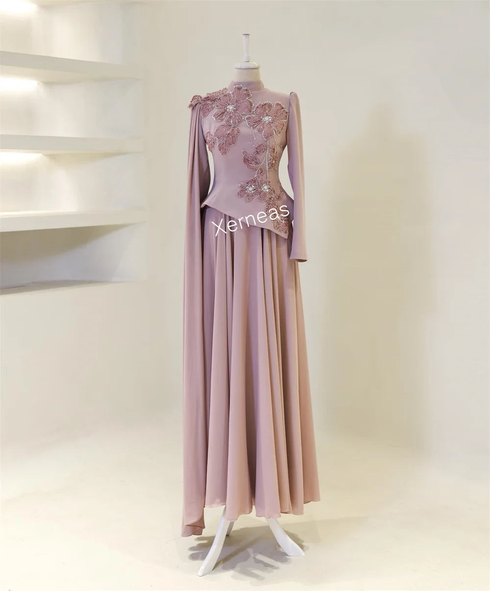 Customized  Applique Pattern Pleat High Collar A-line Long Dresses Bespoke Occasion Prom Luxury Evening Gown Gorgeous Formal