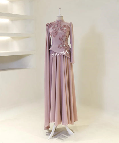 Customized  Applique Pattern Pleat High Collar A-line Long Dresses Bespoke Occasion Prom Luxury Evening Gown Gorgeous Formal
