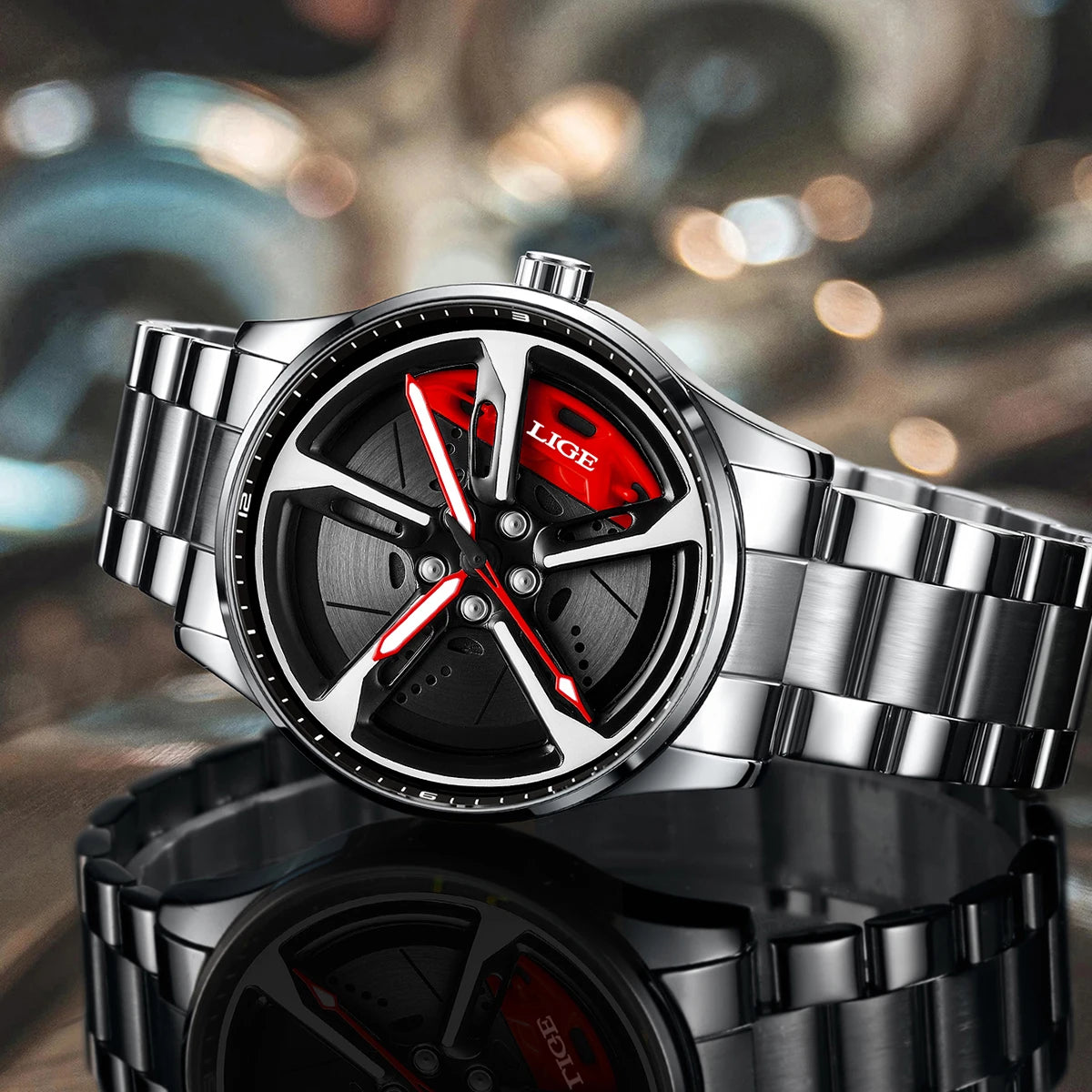 LIGE Unique Creative Quartz Man Watch Steel Band Casual Sports Waterproof Luminous Rotating Wheel Dial Watches for Men Gifts Box