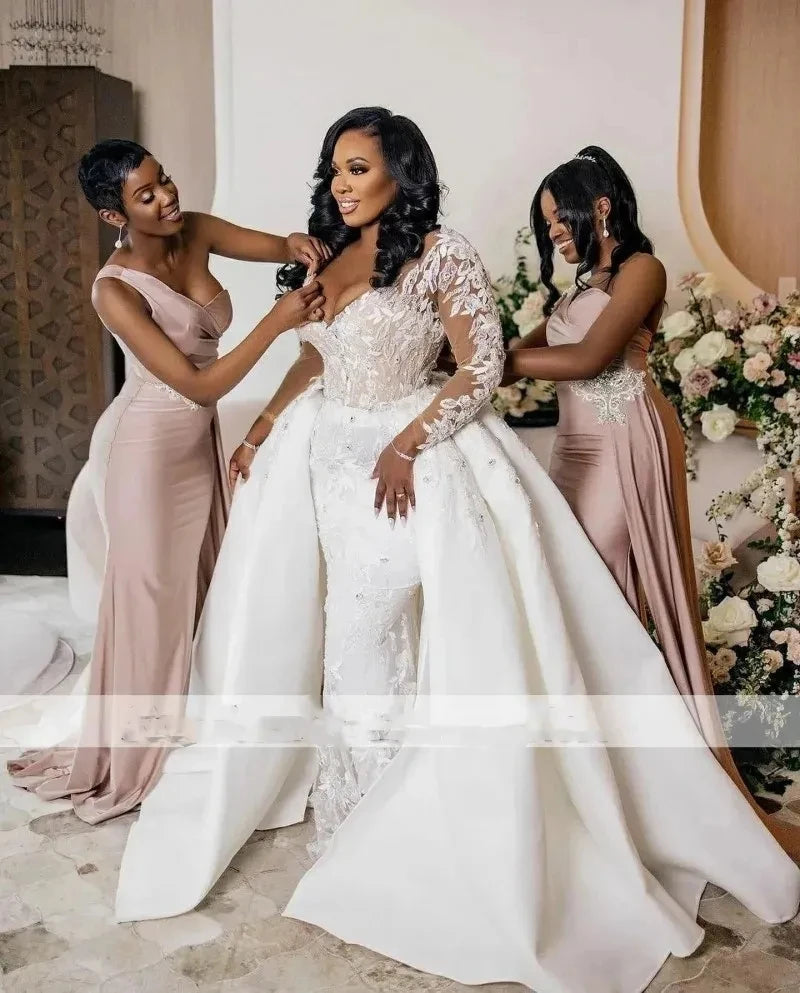Luxury Mermaid Wedding Dresses Detachable Train V Neck Vintage Mermaid Bridal Dress Long Sleeves Vestidos De Novias Customized
