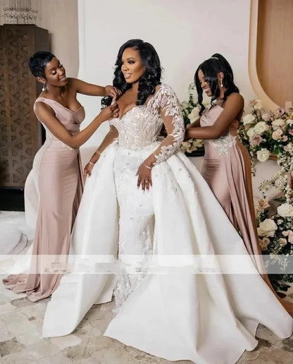Luxury Mermaid Wedding Dresses Detachable Train V Neck Vintage Mermaid Bridal Dress Long Sleeves Vestidos De Novias Customized