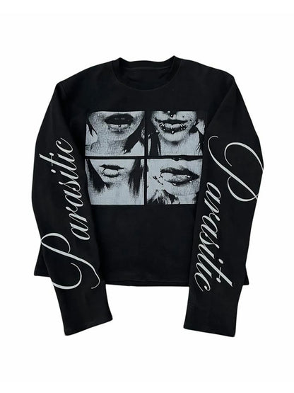 Dark style street punk unisex long sleeved shirt with retro millennium print T-shirt
