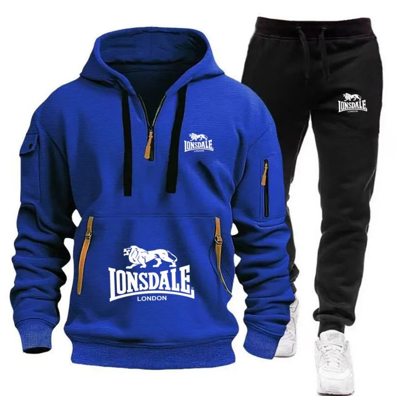 LONSDALE Men's Kangaroo Pocket Hoodie Set 2026 New Autumn Winter Fleece Sweatshirt + Sports Pants 2 Piece Tracksuit Casual Fitne