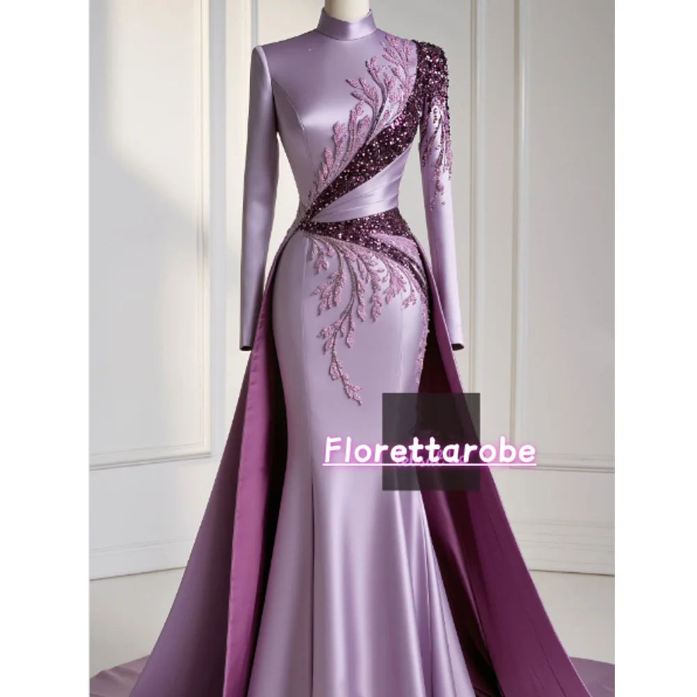 Florettarobe Exquisite Purple Satin Sequined Appliques Pleat  High Collar Long Midi Dress Bespoke Occasion 4 styles Customized