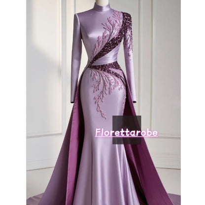 Florettarobe Exquisite Purple Satin Sequined Appliques Pleat  High Collar Long Midi Dress Bespoke Occasion 4 styles Customized
