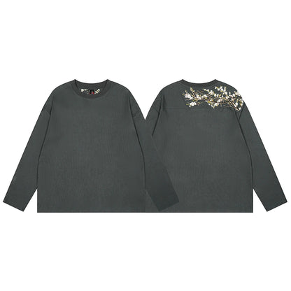 26ss DERSCHUTZE Long Sleeved White Waffle Patterned Cherry Blossom Embroidered T-shirt Loose Casual Top DERSCHUTZE Top Tee