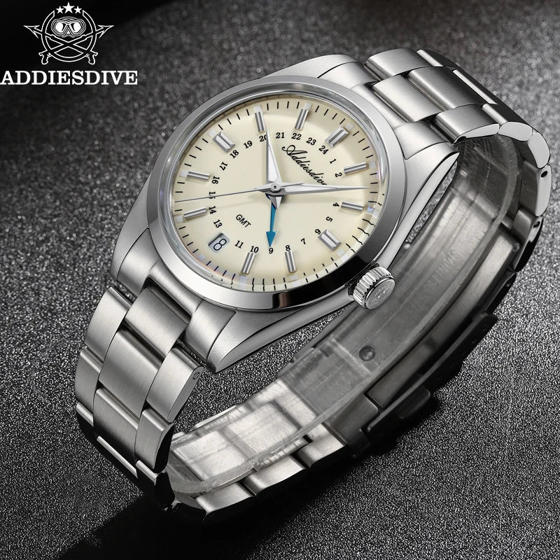 ADDIESDIVE Luxury Men's Analog Watch GMT Bubble Mirror Glass 36mm Quartz Watch Super Luminous 100m Business Steel Watch Men Gift