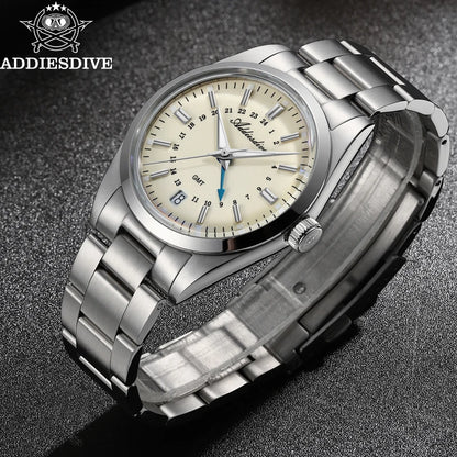 ADDIESDIVE Luxury Men's Analog Watch GMT Bubble Mirror Glass 36mm Quartz Watch Super Luminous 100m Business Steel Watch Men Gift