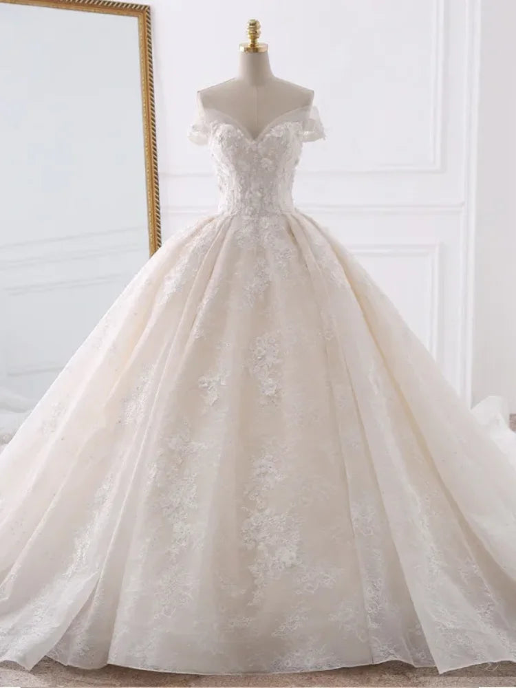 Custom 2026 Woman Elegant Off Shoulder Ball Gown Wedding Dress Luxury 3D Flower Lace Bridal Gown  Plus Size Vestido De Novia
