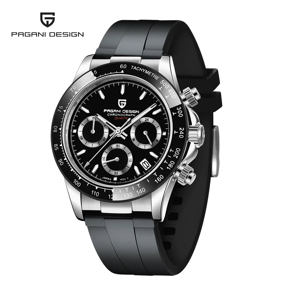 PAGANI DESIGN Men Quartz Chronograph Watch RoseGold Case Black Ceramic Bezel Brown Dial Rubber Strap Waterproof Sports watch+box