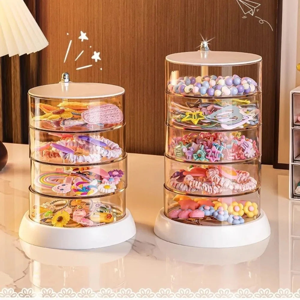 360 Rotating Clear Hair Accessory Organizer Compact Plastic Storage Box Multi Layer Desktop Display Case for Girls Jewelry